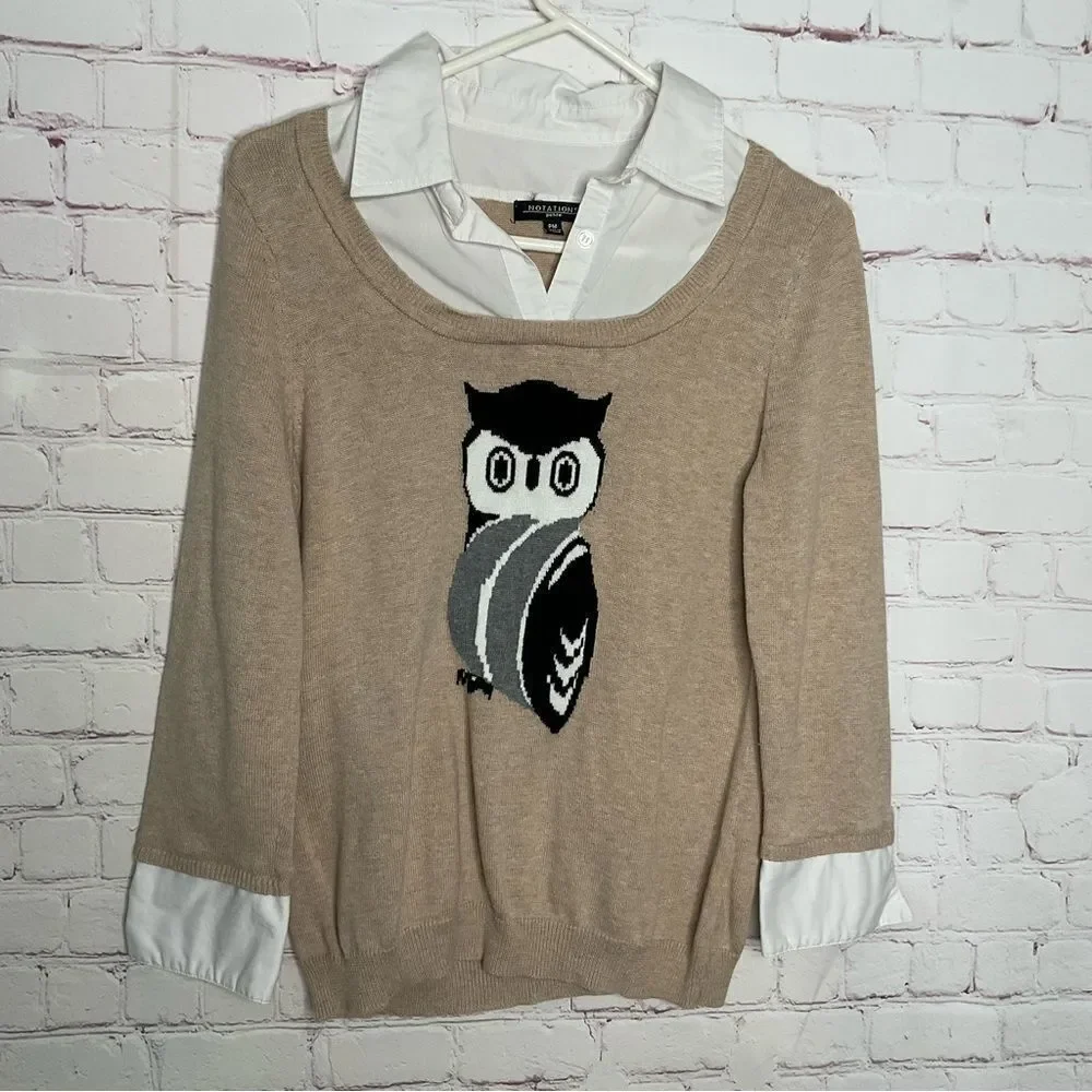 Notations Womens Sweater Faux Collar‎ Cuff Knit Owl Print Top